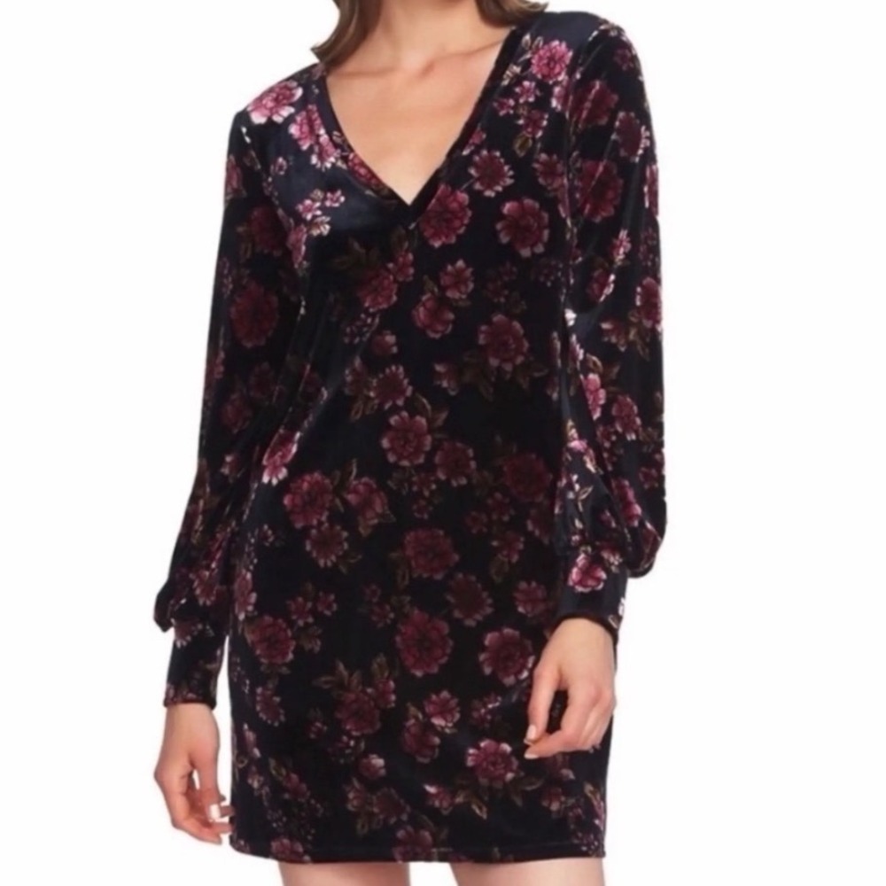 Whimsigoth Navy Pink Floral Velvet Puff Sleeve Holiday Party Mini Dress XS